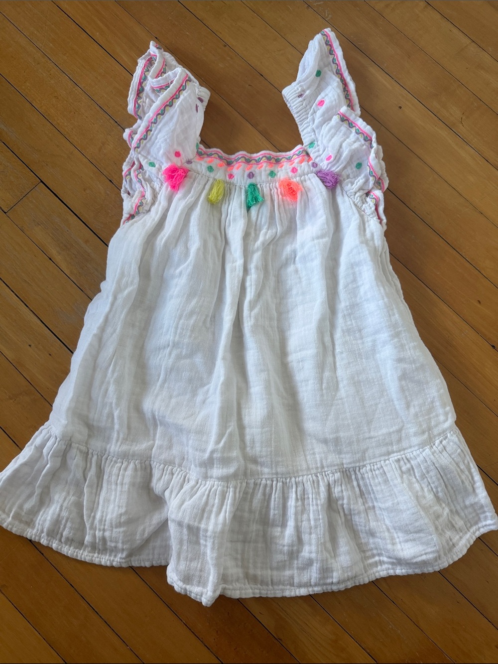 WhiteGirls Sleeveless Tassel Cotton Dress Bright Multicolor Trim 3t neon rainbow